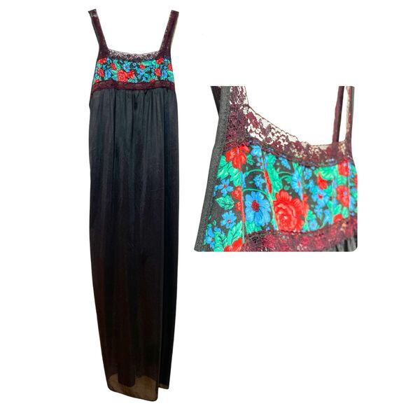 Vintage Black Long Slip Dress Lace Nightgown Floral Bib - Picture 1 of 10